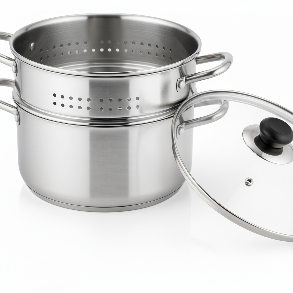 Close-up detail of stackable perforated stainless steel steamer tier, riveted side handle, and glass lid on white.