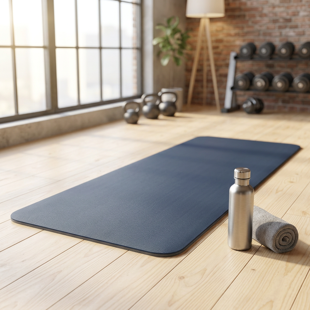 Exercise mat fully unrolled on a hardwood fitness studio floor