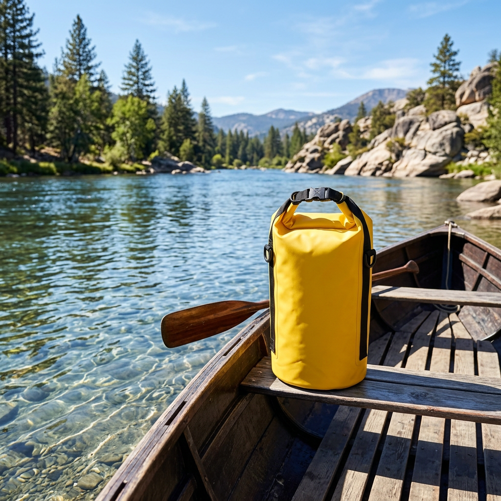 Yellow waterproof dry bag rolled and buckled resting on a boat bench beside calm water on a sunny day