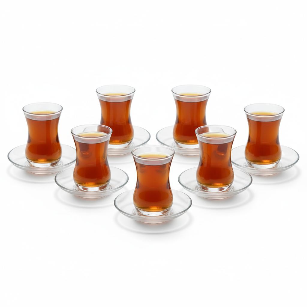 Complete 6-piece set of clear Arabic tea glasses with matching saucers on pure white background