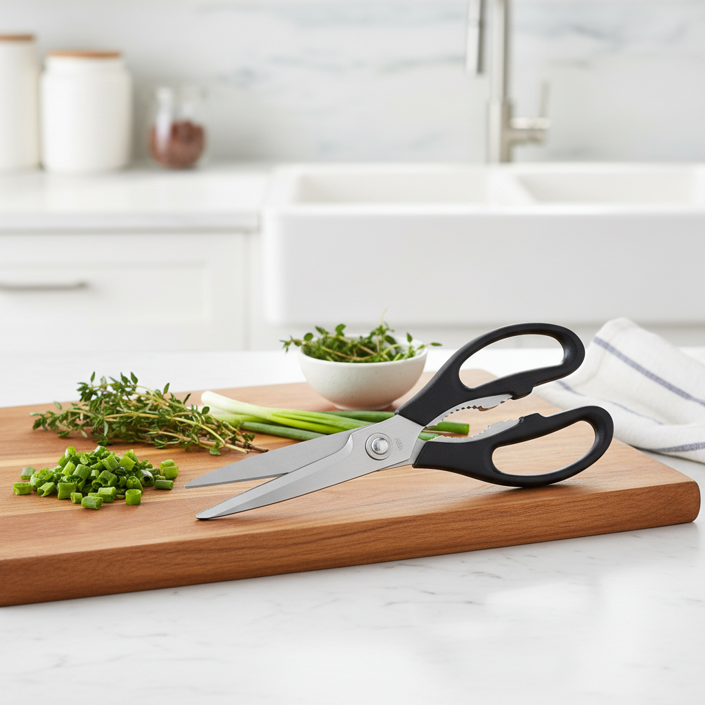 Multi-function kitchen shears on wooden cutting board beside freshly snipped green scallions and herbs