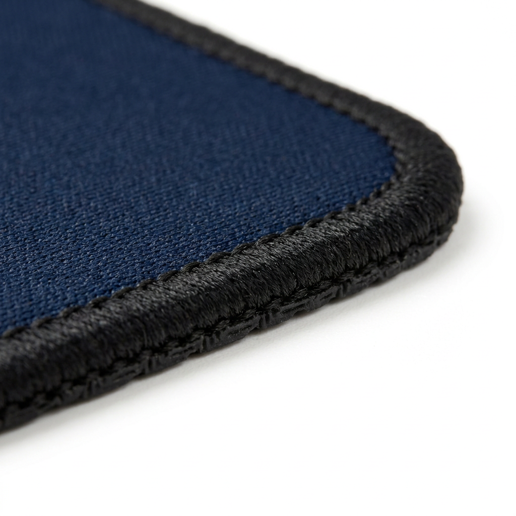 Detail close-up of custom mouse pad showing overlock-stitched edge, micro-weave cloth, and rubber base on white background