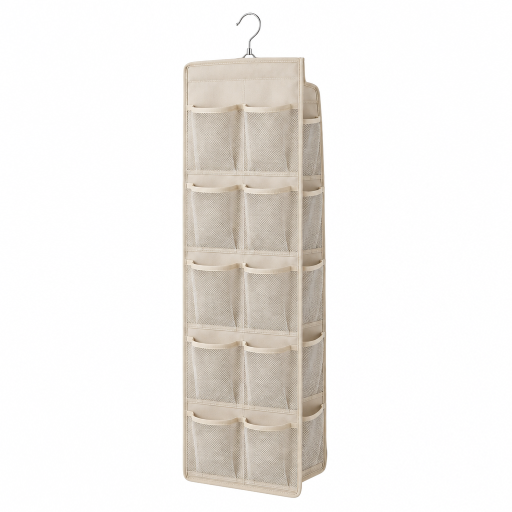 Hanging storage bag, beige double-sided mesh pocket wardrobe organizer with rotating hook on white background