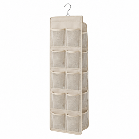 Hanging storage bag, beige double-sided mesh pocket wardrobe organizer with rotating hook on white background