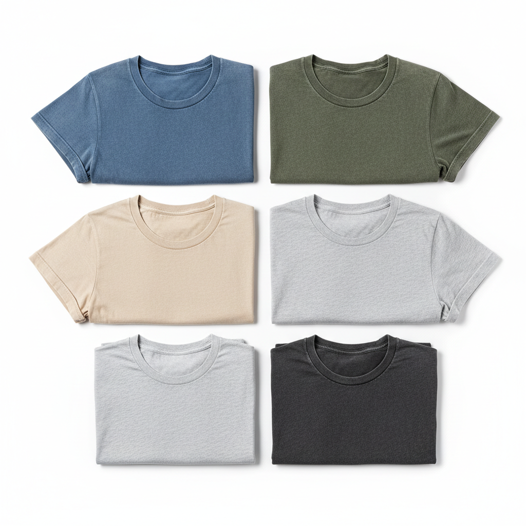 Multiple washed tee colors flat lay
