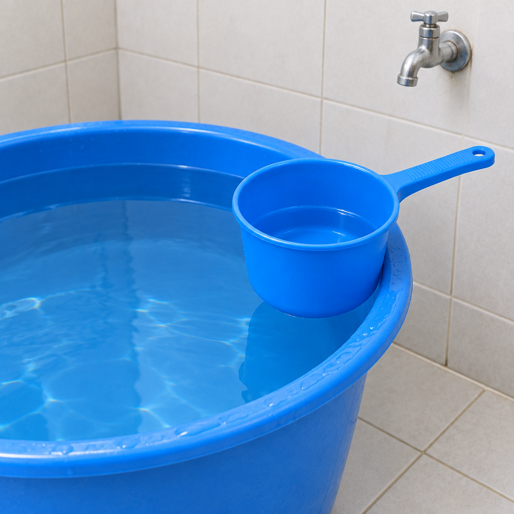 Blue plastic water scoop resting on a water basin in a simple tiled home bathroom