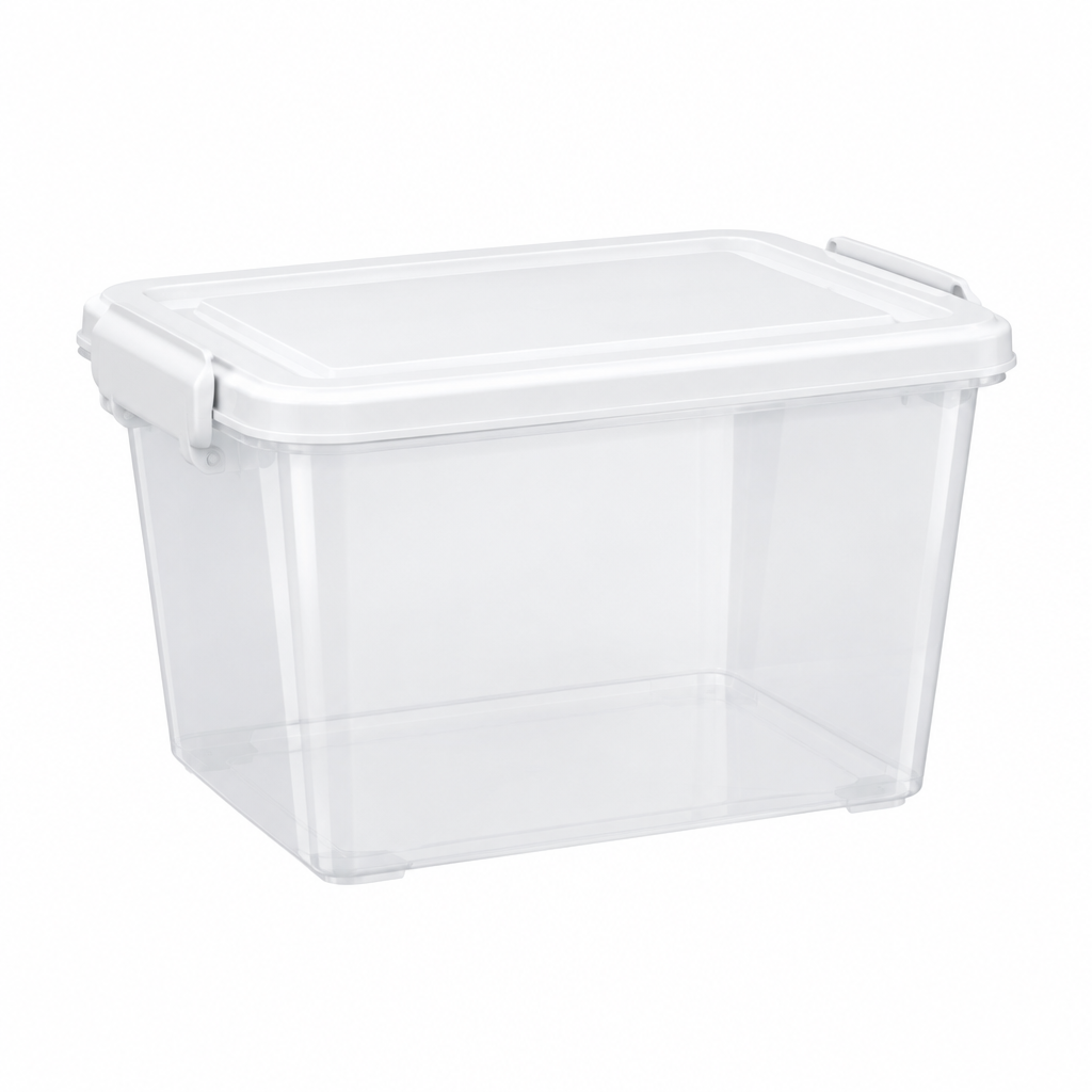 Plastic storage box, clear PP bin with white snap-on lid and latching handles on white background