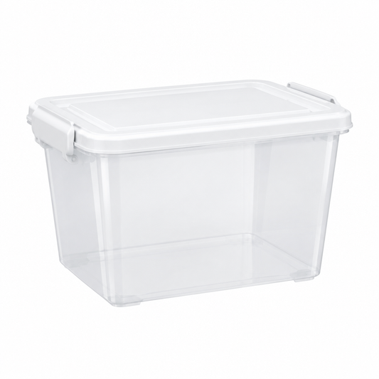 Plastic storage box, clear PP bin with white snap-on lid and latching handles on white background
