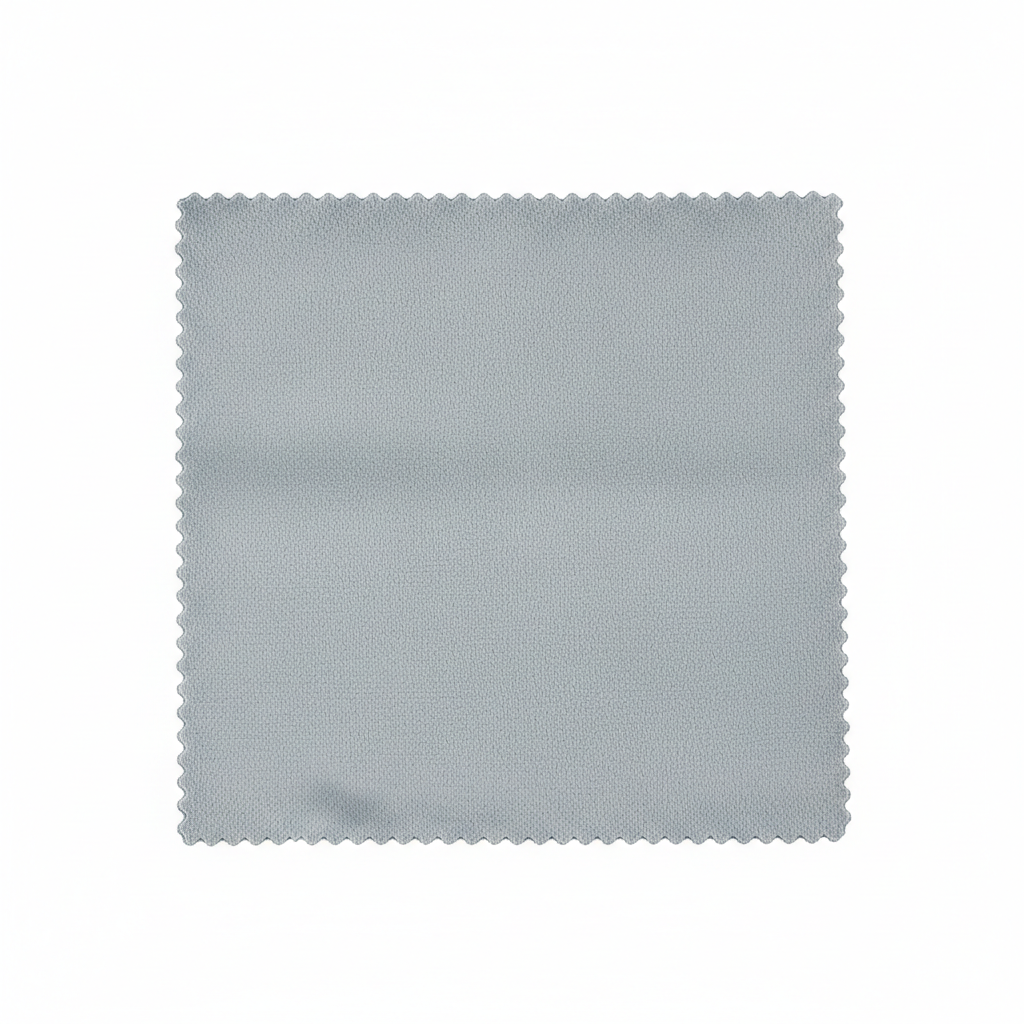 Premium microfiber lens cleaning cloth folded in slate grey with laser cut edge on white background
