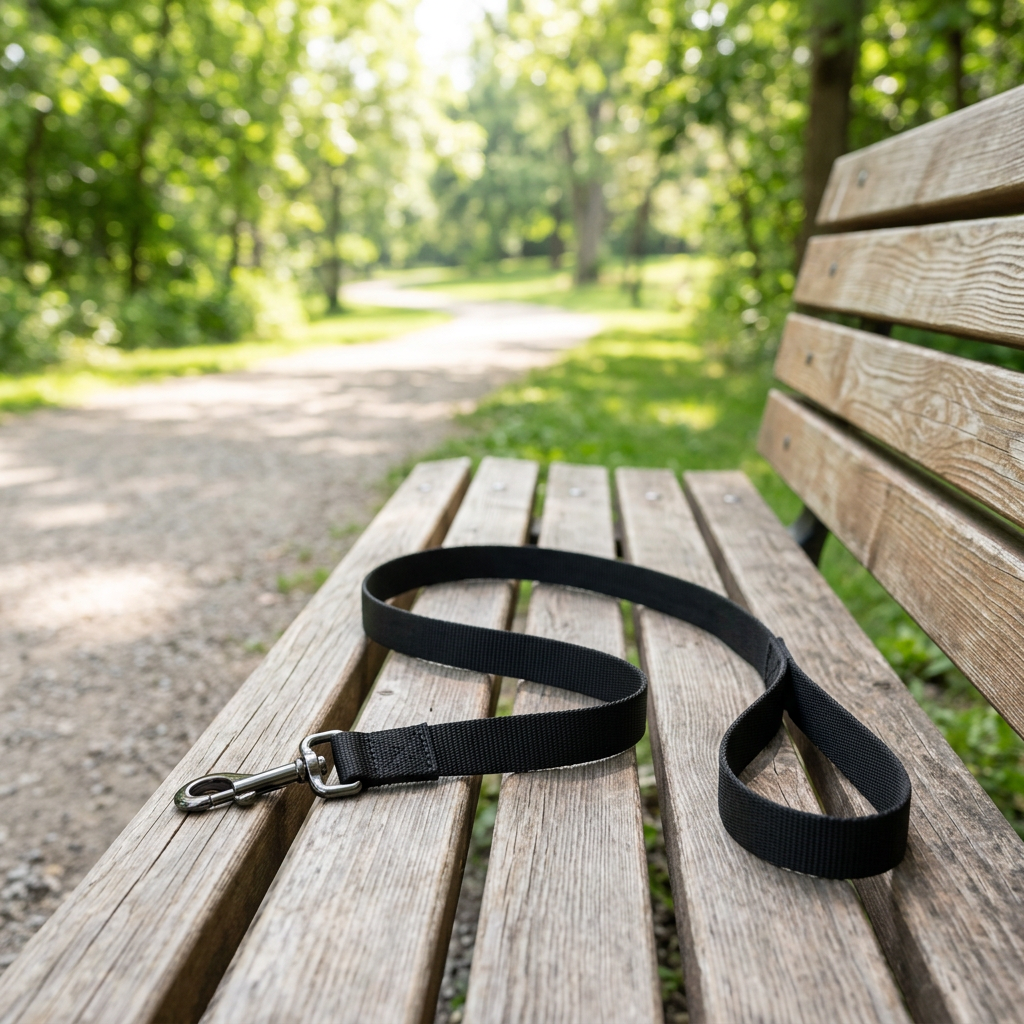 Black nylon dog leash resting naturally on a wooden park bench along a tree-lined walking path