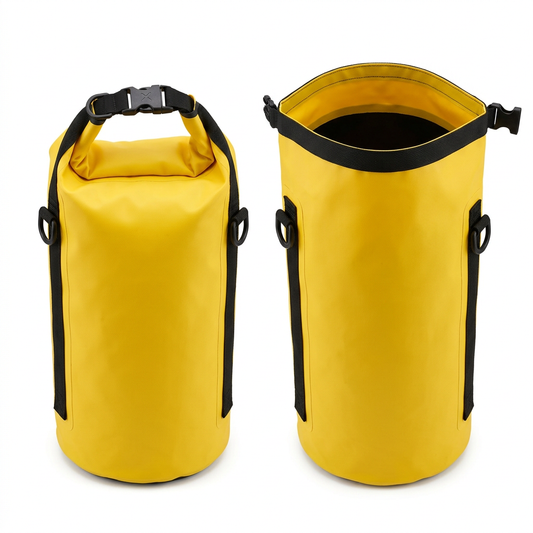 Heavy-duty 500D PVC roll-top waterproof dry bag in bright yellow, showing one sealed unit with buckle beside an unrolled open unit on pure white background