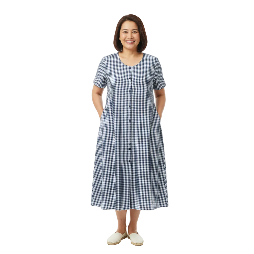 Front view of short sleeve button front midi dress with pockets on white background