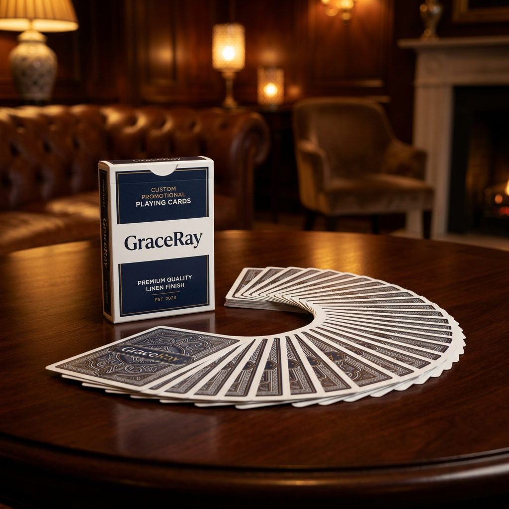 Custom printed playing cards in a fan display on a mahogany table beside custom branded packaging box