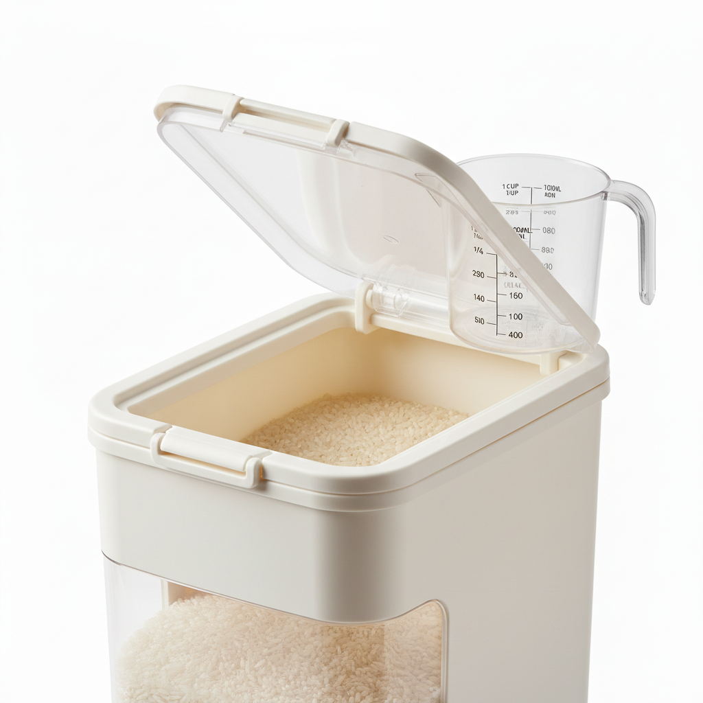 Close-up of open flip lid and graduated measuring cup on rice storage container