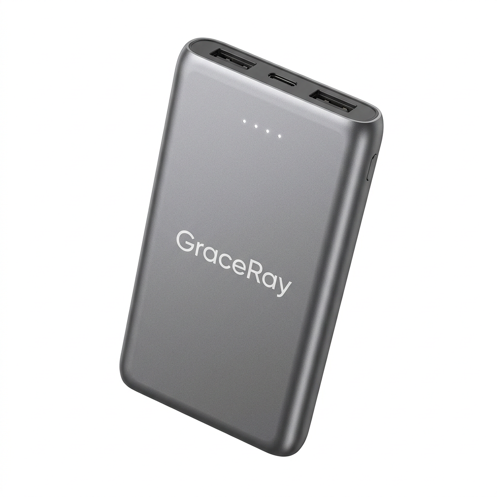 Custom logo promotional power bank with visible charging ports and branded exterior.