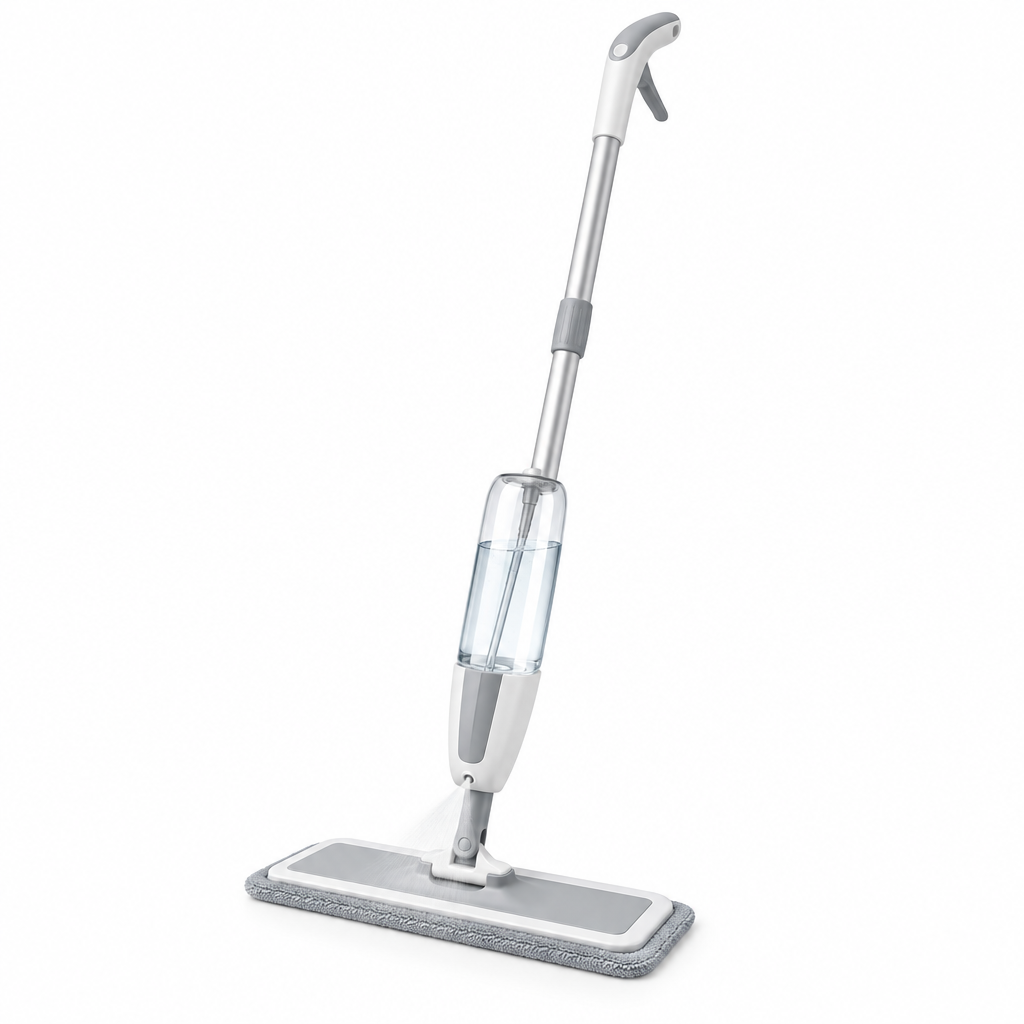 Spray mop, floor mop with refillable water bottle, spray trigger handle and microfiber pad on white background