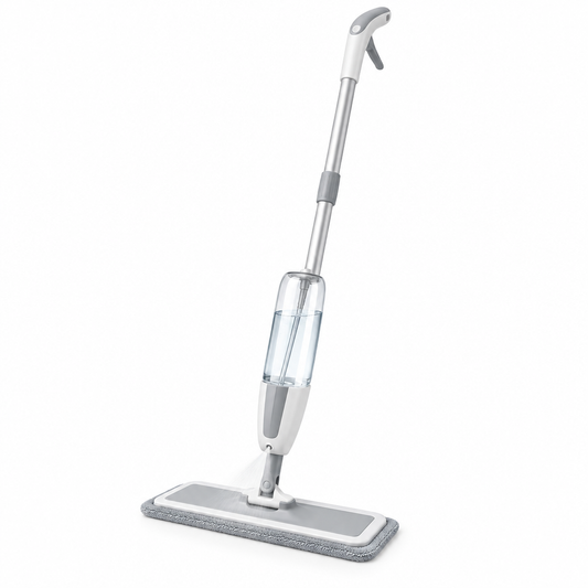 Spray mop, floor mop with refillable water bottle, spray trigger handle and microfiber pad on white background