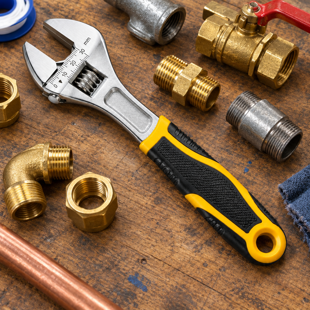 Adjustable wrench resting beside brass pipe fittings, couplings, and valves on a workshop maintenance table