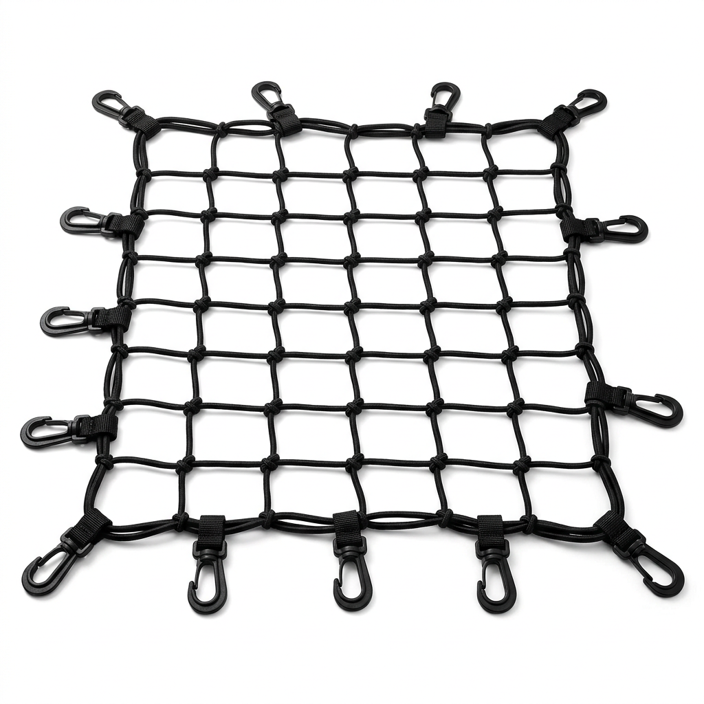 Heavy-duty elastic bungee cargo net spread out on a pure white background showing full perimeter, square grid mesh, and attachment hooks