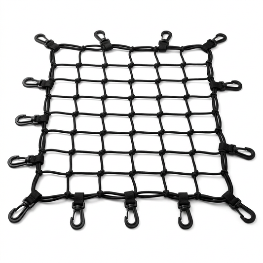 Heavy-duty elastic bungee cargo net spread out on a pure white background showing full perimeter, square grid mesh, and attachment hooks