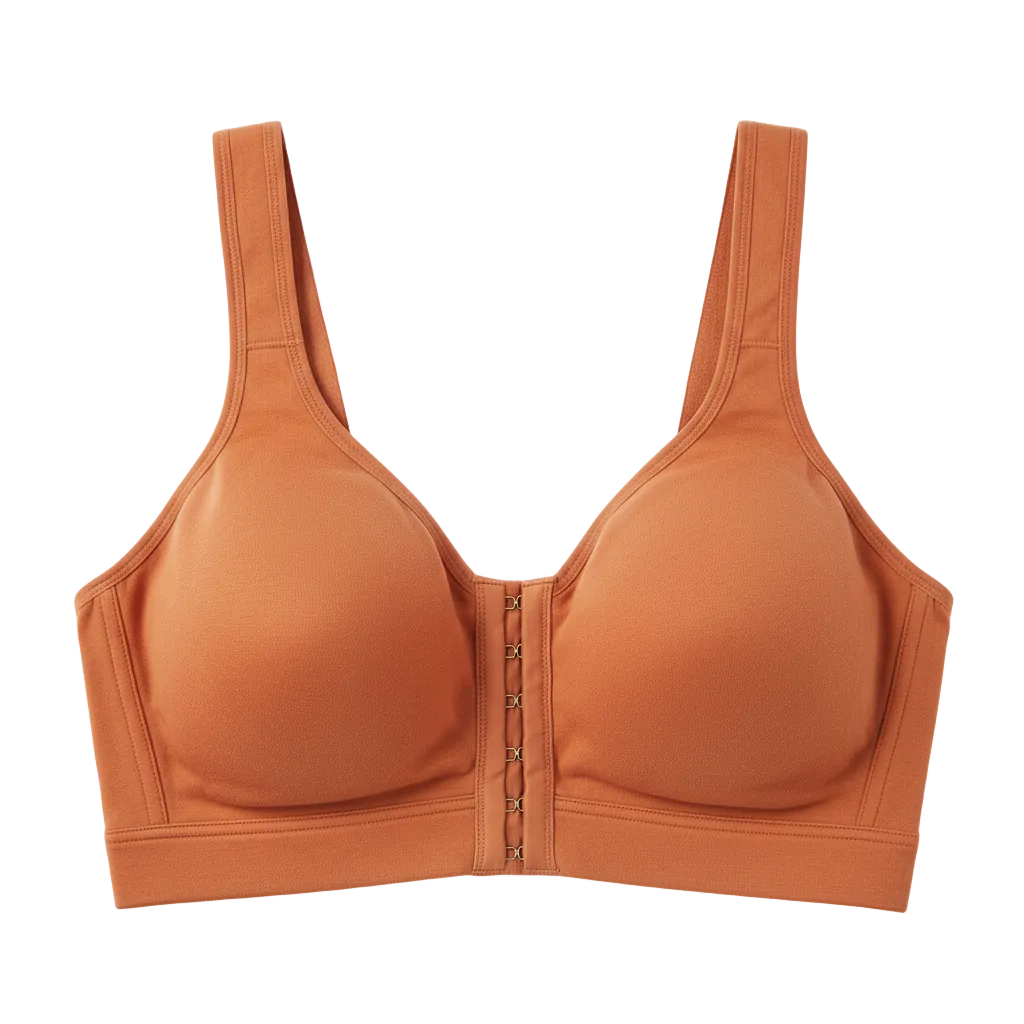 Front view of full coverage cotton bra with front closure in warm terracotta on white background