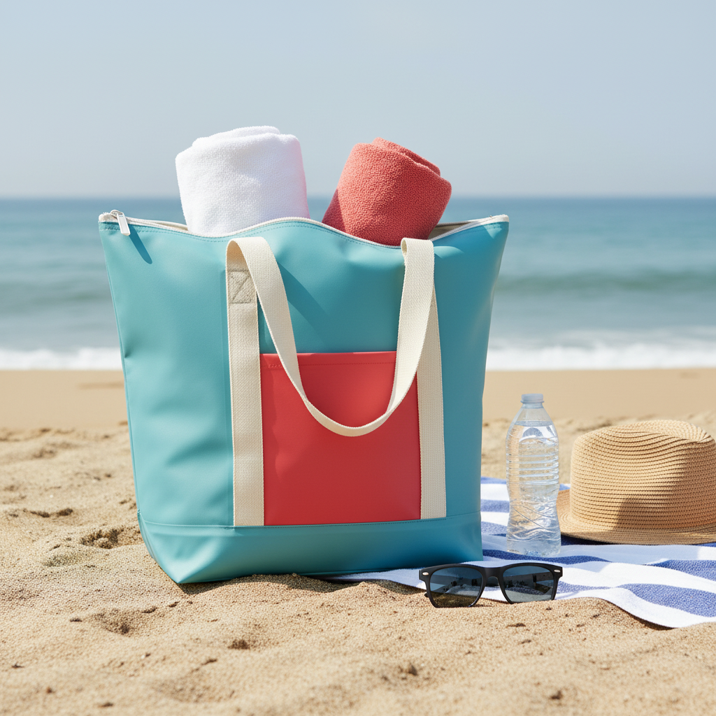 Aqua-blue beach tote holding rolled white and coral towels on sand beside sunglasses, a straw hat, water bottle and striped towel.