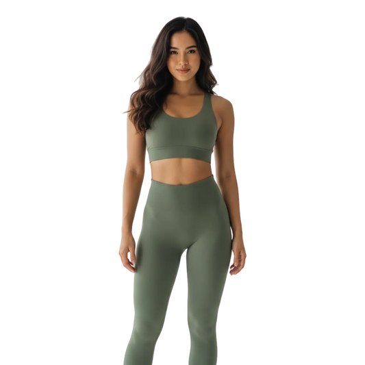 Thai model wearing olive green seamless yoga leggings front view