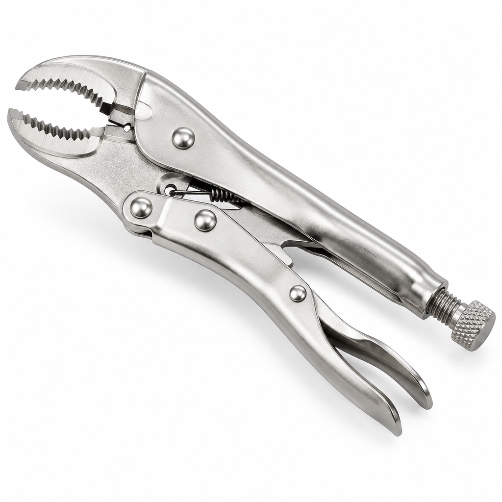 10-inch curved jaw locking pliers with polished nickel-plated finish, knurled adjustment screw, and guarded release trigger on a seamless pure white background