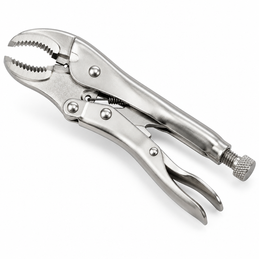10-inch curved jaw locking pliers with polished nickel-plated finish, knurled adjustment screw, and guarded release trigger on a seamless pure white background