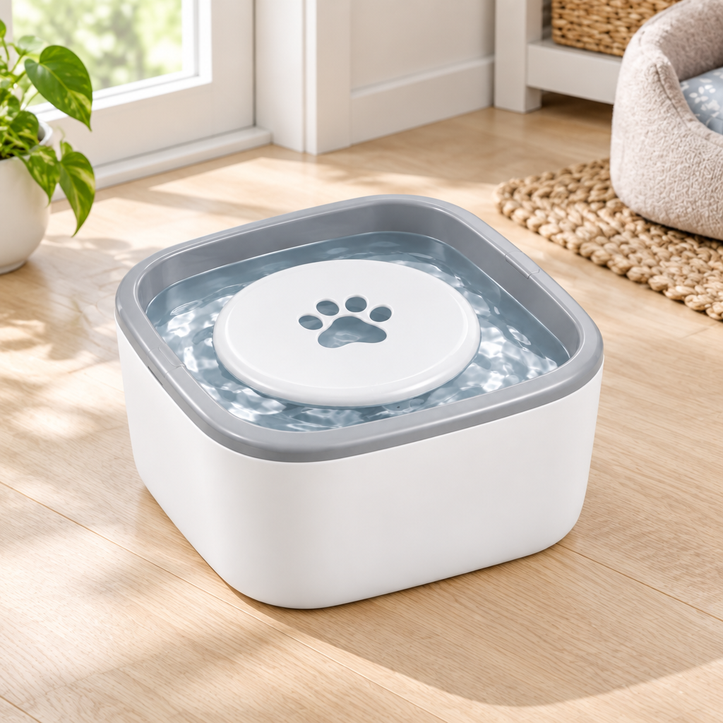 Anti-spill pet water bowl with clean water on light wood floor in bright pet corner