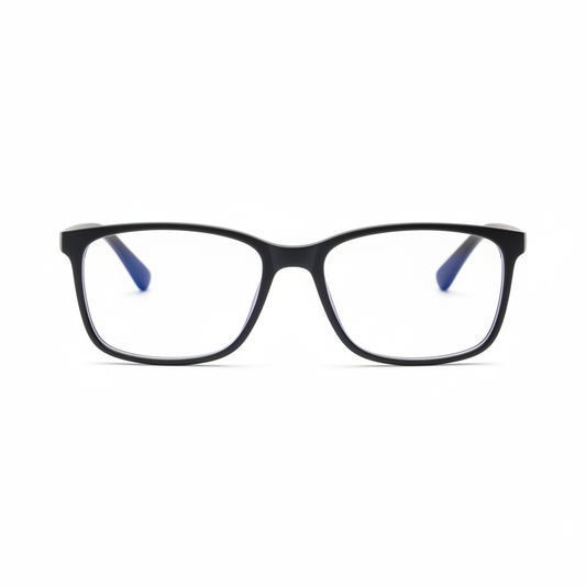 Blue light reading glasses with matte black square frame front view on white background