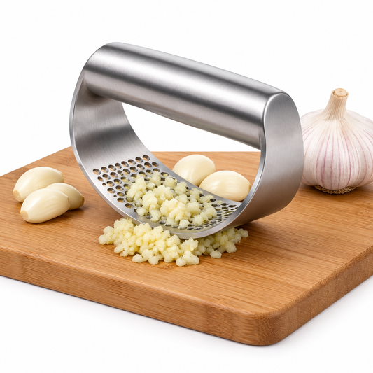 Stainless steel garlic rocker crusher pressing fresh garlic cloves on a wooden cutting board with minced garlic emerging through the curved plate