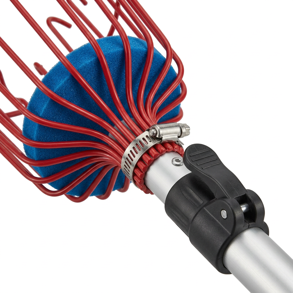 Macro close-up detail of fruit picker wire basket pluck fingers, resilient foam cushion pad, metal clamp, and telescopic flip-cam lock