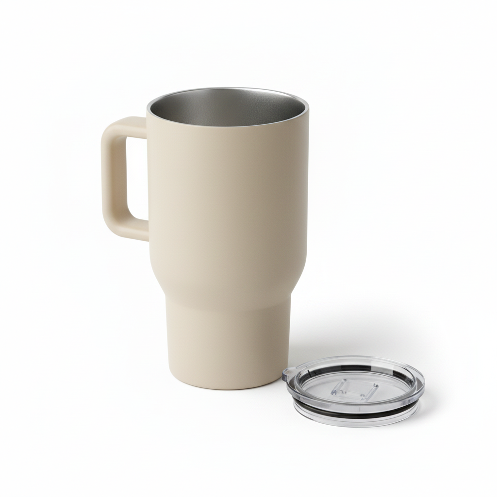 Open matte beige stainless steel travel mug with lid resting beside it on pure white background