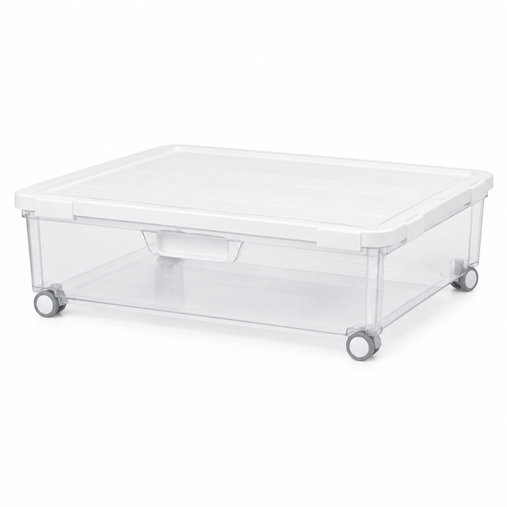 Under-bed storage box, low-profile clear bin with white lid, front handle and wheels on white background