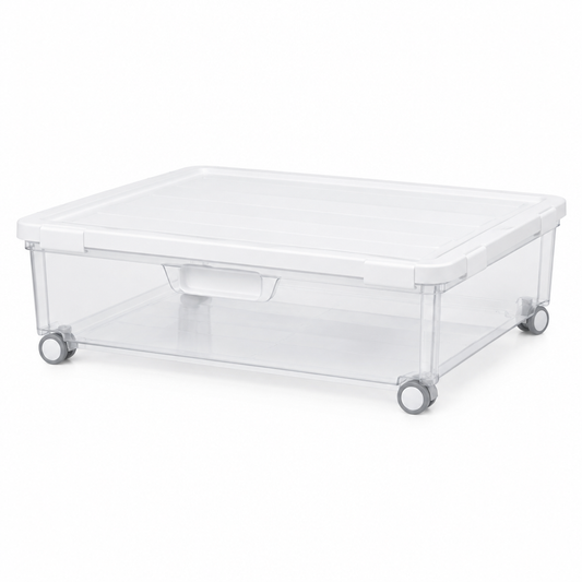 Under-bed storage box, low-profile clear bin with white lid, front handle and wheels on white background