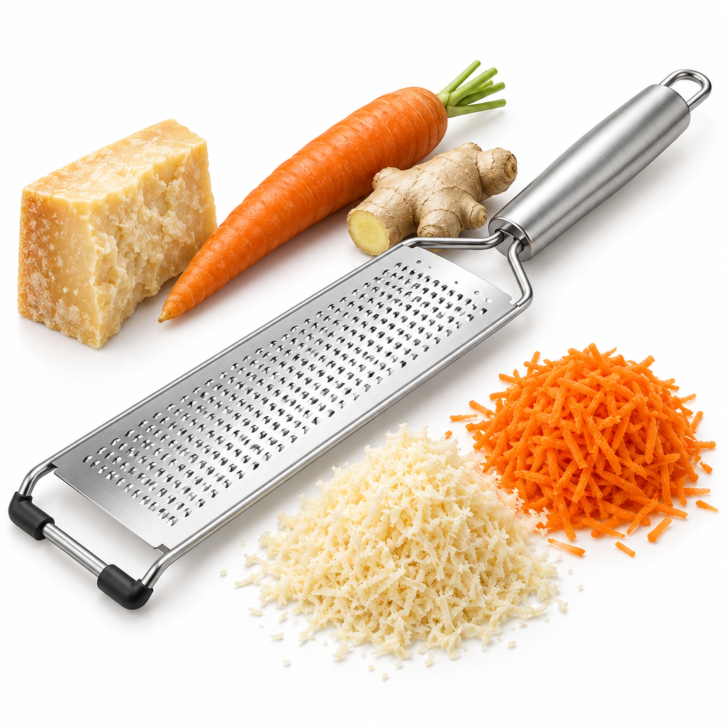 Stainless steel kitchen grater with parmesan cheese fresh carrot ginger and grated shavings on pure white background