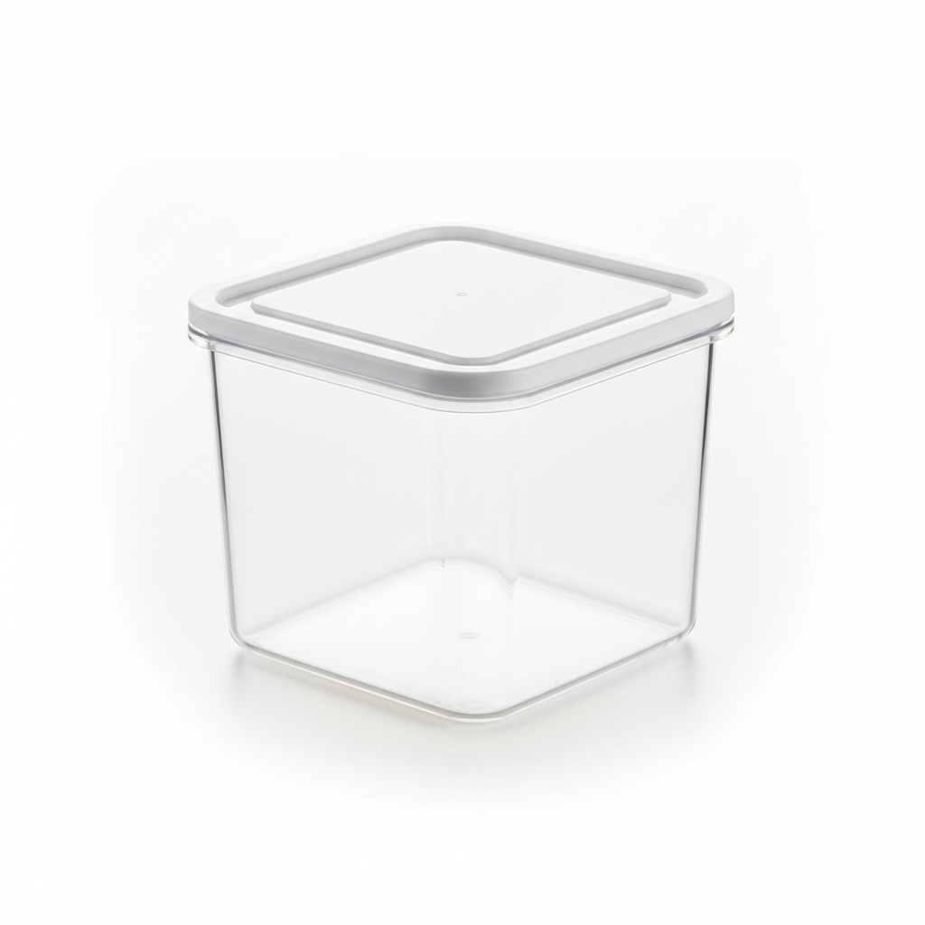 Stackable rectangular clear food storage container with white lid on pure white background