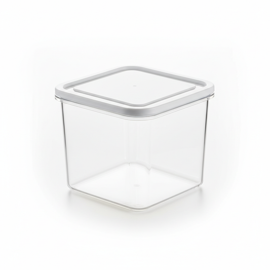 Stackable rectangular clear food storage container with white lid on pure white background