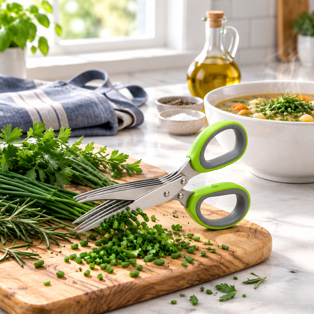 Five-blade herb scissors snipping fresh herbs over a soup bowl on a wooden board in a bright home kitchen