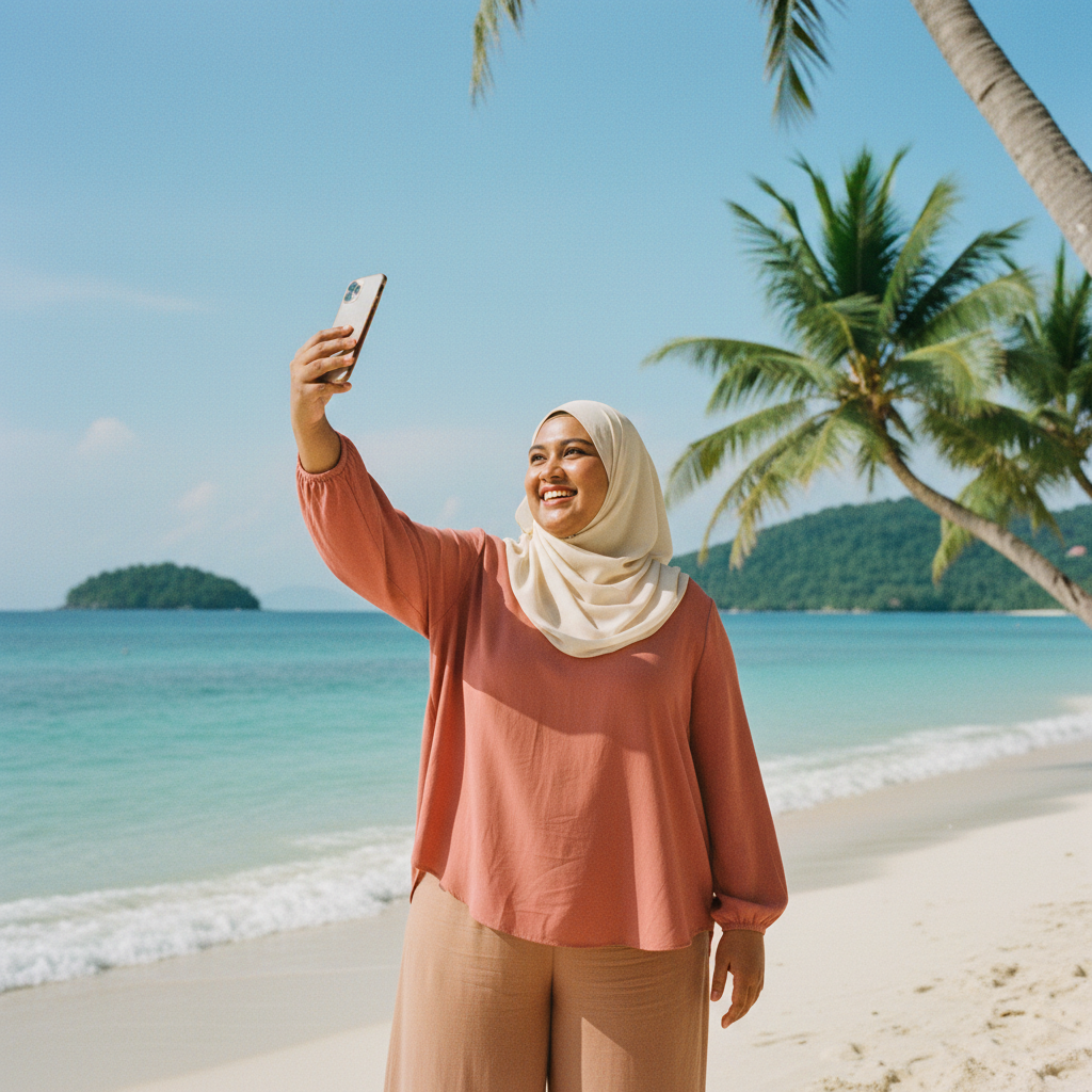 Malaysian Muslim woman terracotta loose blouse at beach