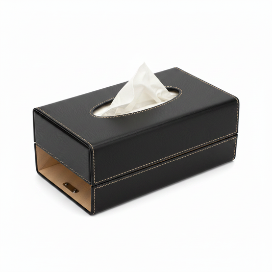 Hotel tissue box with removable bottom cover in black faux leather on white background