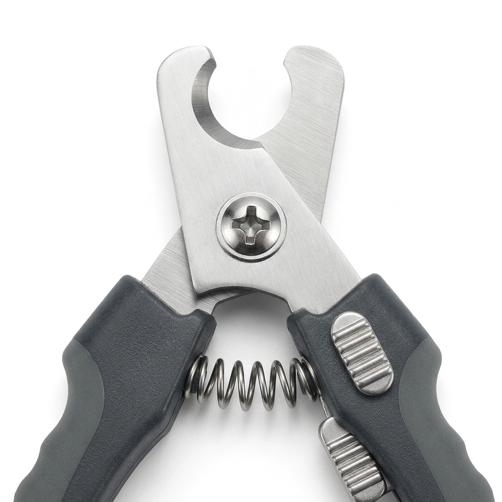 Macro close-up detail of semi-circular nail clipper blades, pivot screw, spring, and sliding safety lock