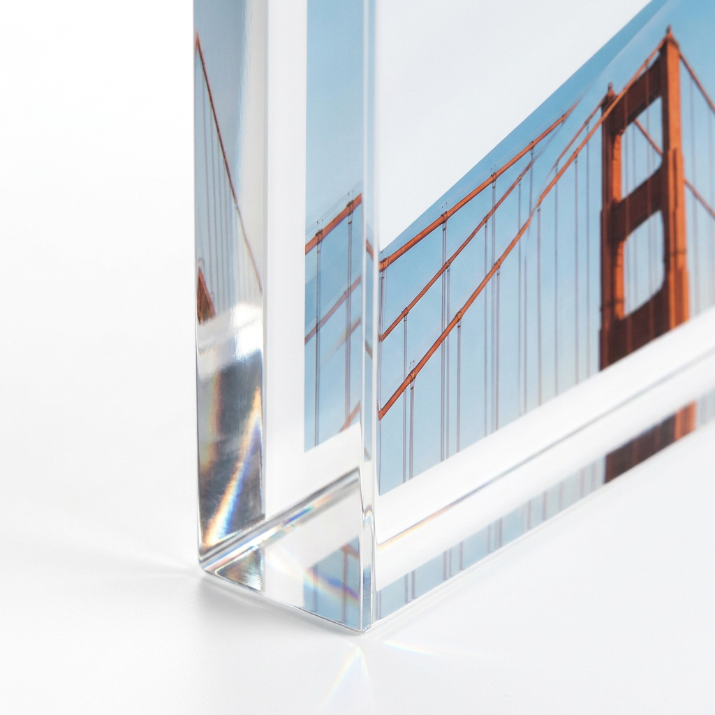 Detail close-up of acrylic desk photo block showing 20mm diamond-polished edges and optical depth on white background