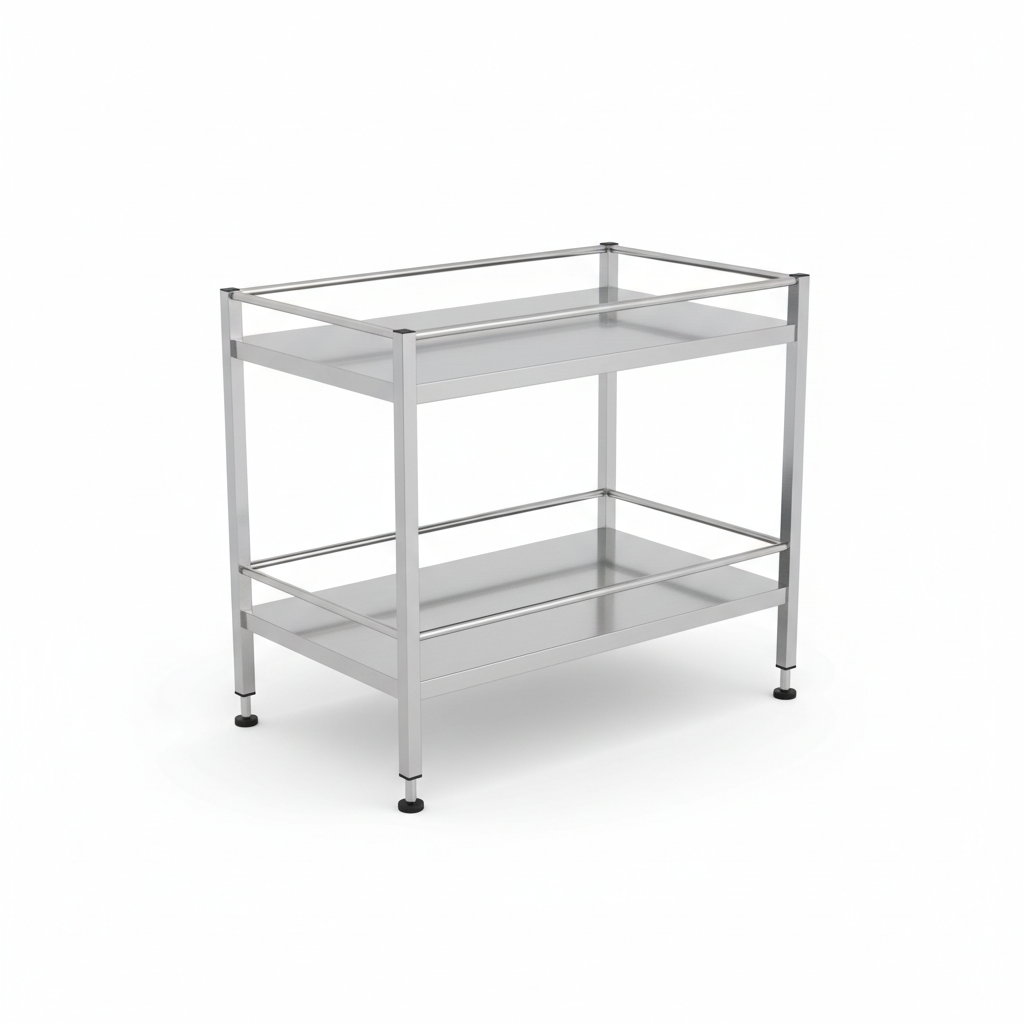 Freestanding 2-tier stainless steel kitchen storage rack in brushed silver on pure white background
