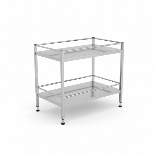 Freestanding 2-tier stainless steel kitchen storage rack in brushed silver on pure white background