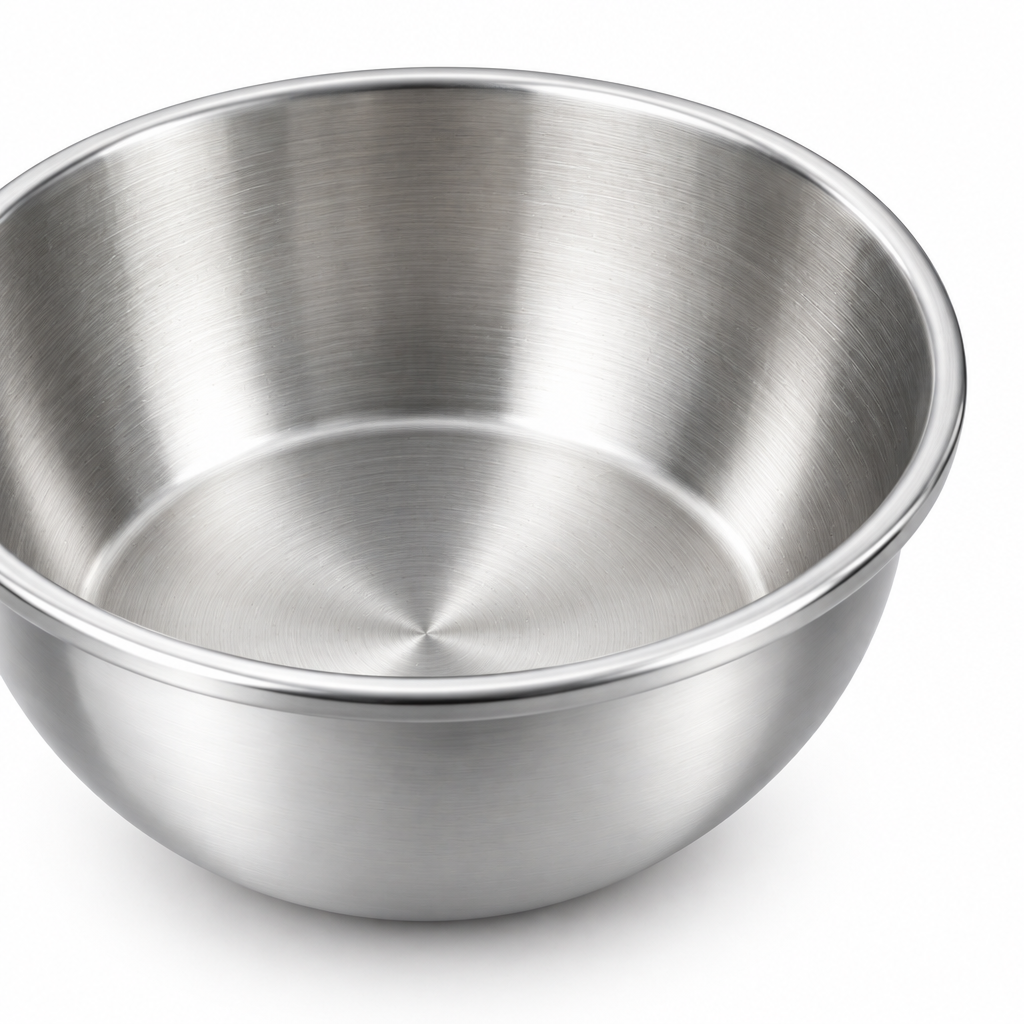 Macro close-up detail of the smooth rolled rim lip and curved brushed interior of an empty stainless steel soup bowl on white background