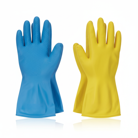 Blue and yellow long-cuff hotel cleaning gloves showing textured palms and reusable material on white background