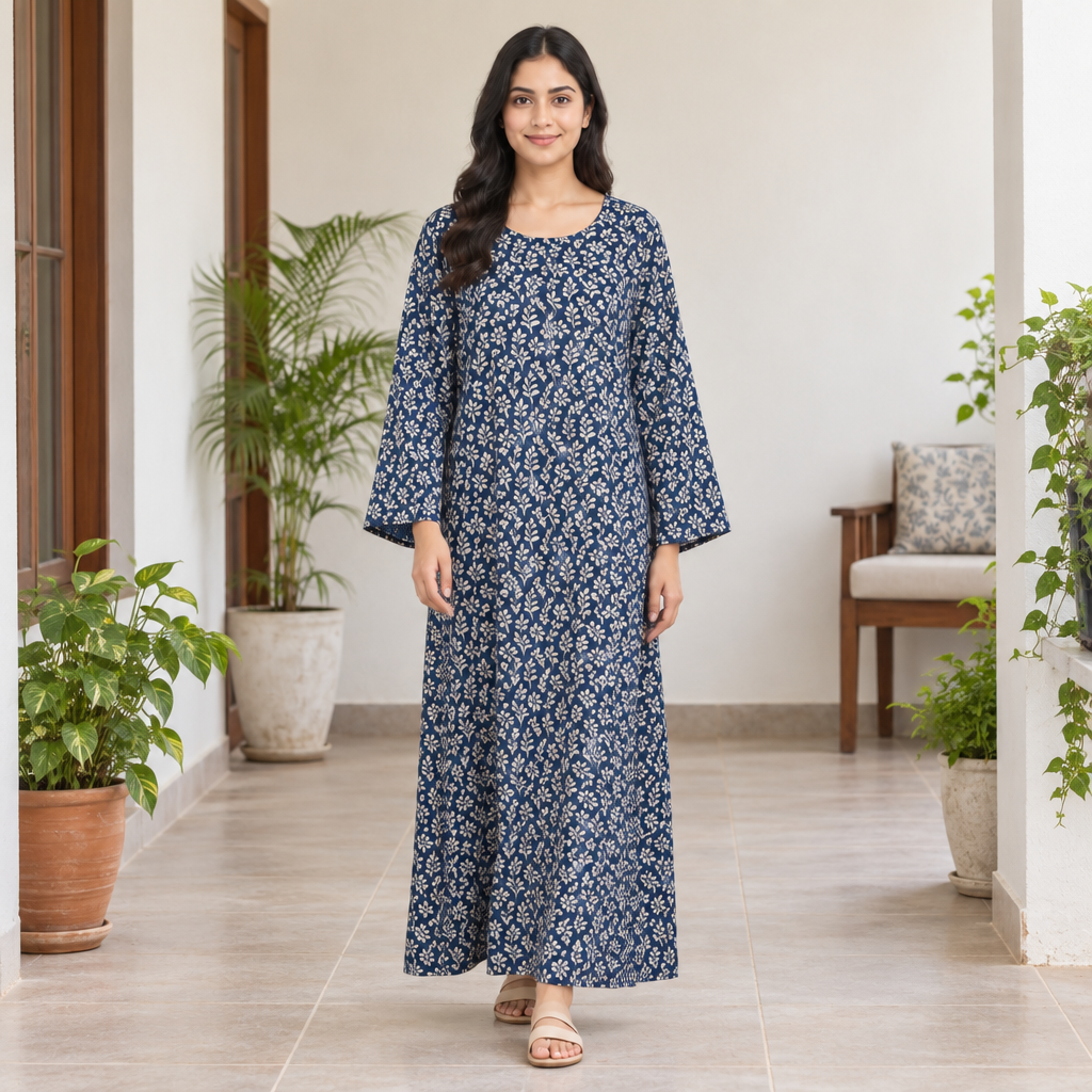 Model wearing the navy botanical print kaftan dress in a bright home veranda