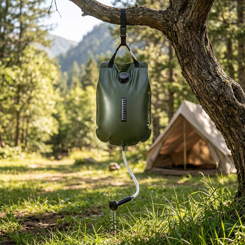 Solar camping shower bag suspended from a tree branch at a campsite on a sunny day with water trickling from shower nozzle